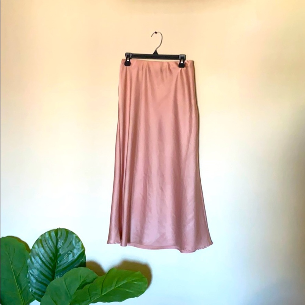 Pink Satin Silk Midi Skirt